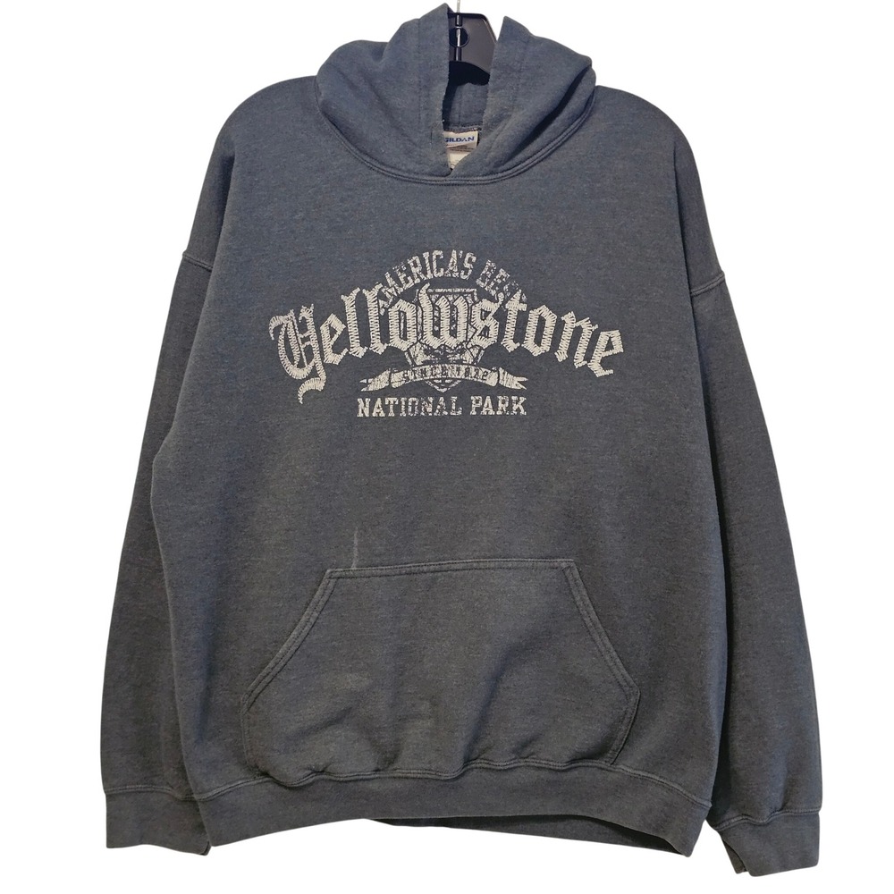 Gildan Yellowstone National Park Hoodie Mens Large Gray Heavy Blend Pullover JT3